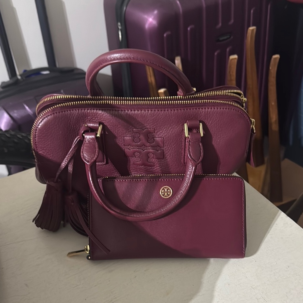 Tory Burch Burgundy Leather Handbag and Wallet Set